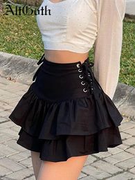 Skirts AltGoth Streetwear Mall Goth Skirt Women Harajuku Y2k E-girl High Waist Bandage Mini Skirt Dark Gothic Punk Emo Alt Club Wear 230327