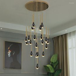 Pendant Lamps Staircase Black LED Light Modern Living Loft Kitchen Island Hanging Creative Dining Room Round Lighting Fixture