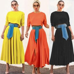 Winter Women's Ankle Umbrella Skirt work dresses with pockets with 7-Point Sleeves, Knitted Lace-Up T-Shirt Suit in Solid Colors for Commuting