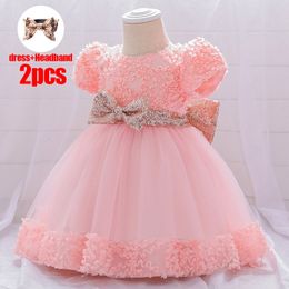 Girl's Dresses PLBBFZ Send Headban Pink Sequin Baby Girl First Birthday For Kids Christening Big Bow Party Wedding Princess e 230327