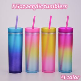 16oz Acrylic Skinny Tumblers Gradient rainbow color Acrylic Tumblers with Lids and Straws 2 layer Plastic Tumblers with Straw Z11