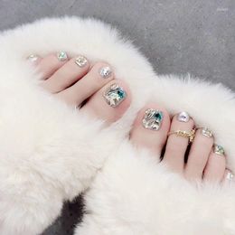 False Nails Summer Full Diamond Toe Set Press On Toenails Rhinestones Fake Short Square Cover Manicure Nail Tips