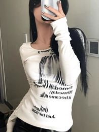 Women's TShirt HOUZHOU Harajuku Graphic Women Tshirts Grunge Y2k Streetwear Retro Sexy Slim Cropped Long Sleeve Tees Open Shoulders 23327