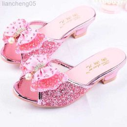 Sandals Girls Summer Sandals Slipper Sequined Princesse Children High Heel Party Dress Shoes Leather Slipper For Kids Slides W0327