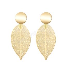 Trendy Metal Hollow Leaf Dangle Earrings For Women Vintage Statement Long Gold Silver Color Stud Earrings Jewelry Pendientes Mujer