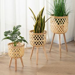Other Home Decor Handmade Bamboo Woven Flower Pot with Stand Plant Display Storage DIY Nursery Pots Decoration 230327