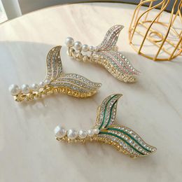 2023 Length 11.6 CM Pearl Crystal Fishtail Model Hair Clamps Women Ponytail Large Hair Claws Clips Alloy Hairpins Female Wash Scrunchies Headdress Ornaments