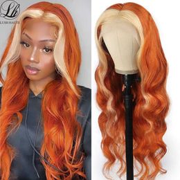Synthetic Wigs Ginger Orange Wig with Blonde Highlights Lace Synthetic Stripe Long Wavy s Body Wave Heat Resistant Fiber Hair 230227