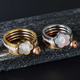 Band Rings MSX Luxury Stainless Steel Ring Set Natural White Shell Flower Finger Ring 4 in 1 CZ Crystal Love Wedding Bridal Rings For Women G230327