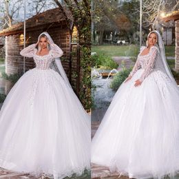 Princess Beaded Wedding Dress Pearls Lace Long Sleeves Bridal Gowns Square Collars Robe de mariee