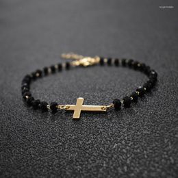 Strand 2023 Design Rosary Style Sideways Cross Bracelet Black Beades Gold Color Chain Bracelets For Women Girls