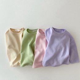 T-shirts Kids Cotton Cozy Candy Color Long Sleeve Tshirt Korean Baby Loose Causal Tops Boys Girls Base Shirt Clothes 230327