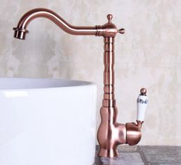 Kitchen Faucets Brass Kitchen/Basin Faucet Antique Red Copper Basin Rotating Single Handle Hole And Cold Water Anf136