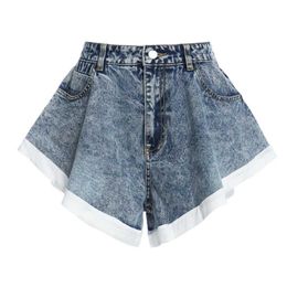 Women's Shorts 2023 Summer Fashion Blue Denim Washed Pockets Zippers Female Ruffled Big Swing Hit White