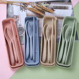 Dinnerware Sets Wheat Straw Portable Tableware Box Knife And Fork Set Plastic Spoon Three-piece Student Travel Suit Cutlery