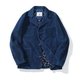 Mens Jackets French Retro Indigo Men Corduroy Lapel Multi Pockets Thick Workwear Tooling Winter Vintage Working Cardigan Coat 230327