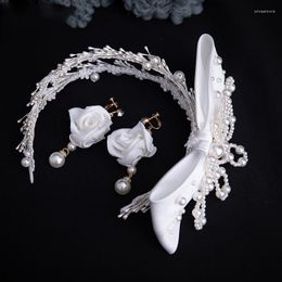 Headpieces Pearl Beads Crown Sweet Hairbands Girl Satin Headbands Earrings Bride Wedding Hair Accessories