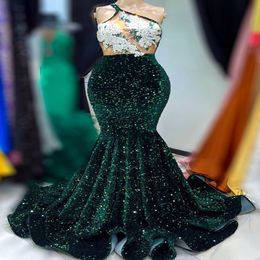 2023 Arabic Aso Ebi Dark Green Prom Dresses Mermaid Beaded Crystals Lace Evening Formal Party Second Reception Birthday Engagement Gowns Dress ZJ2114