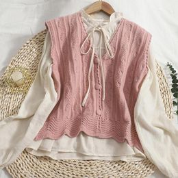 Women's Blouses & Shirts Autumn Sweet Suit Women Single Breasted V-neck Knitted Vest Lace-up Lotus Leaf Stand Collar Long Sleeve Shirt Two