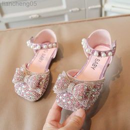 Sandals Princess Girls Sandals 2023 Summer New Pink Silver Bow Sequins Rhinestones Dance Shoes Fashion Chldren's Sandals H160 W0327