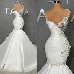 Gorgeous Mermaid Wedding Dresses Spaghetti Art Deco-inspired Neck Pearls Applicants Beads Satin Zipper Court Gown Custom Made Plus Size Bridal Vestidos De Novia