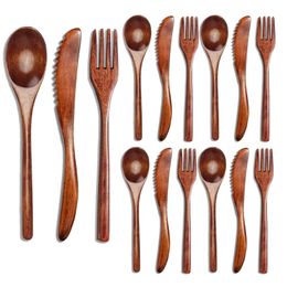 Dinnerware Sets 15 Pcs Wooden Spoon Fork Knife Cutlery Dinner Utensil Kitchen Flatware Tableware 230327