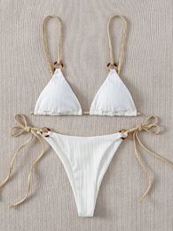Womens Swimwear Sexy Bikini Set Cute White Plain Ring Linked Spaghetti Strap Triangle Thong Biquini Swimsuit Women Bathing Suit B0 230327