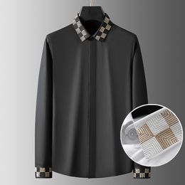 Luxury Embroidery Plaid Shirts Men Spliced Long-sleeved Casual Business Dress Shirt Social Tuxedo Stage Singer Men Clothing