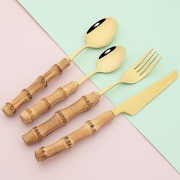 Dinnerware Sets 6People Vintage Cutlery Set Imitation Bamboo Knife Fork Coffee Spoon Tableware Kitchen Stainless Steel Silverware