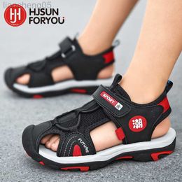 Sandals New Style 2023 Summer Beach Water Children Sandals Fashion Shoes Outdoor Non-slip Soft Bottom Shading Leather Boys Comfortable W0327