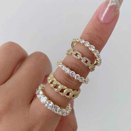 Band Rings Chic Cuban Link Chain Rings for Women Shiny Ice Out Zirconia Tennis Ring Micro Pave Crystal Fashion Accessories Hip Hop Jewellery Z0327