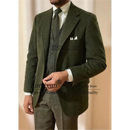 Men's Suits & Blazers Vintage Winter Tweed Wool Men Slim Fit Groom Wedding Tuxedos Prom Party Blazer Banquet 2 Pieces Jacket Pants Costume H