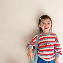 T-shirts Spring unisex Colourful striped T shirts Children letters printed long sleeve Tops 230327