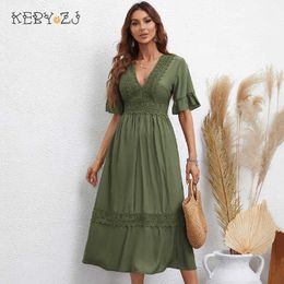 Casual Dresses Fashion Sexy Deep v Summer Urban Short Sleeve Solid Colour Female Viscose Vestido Elegant Party Long 230316