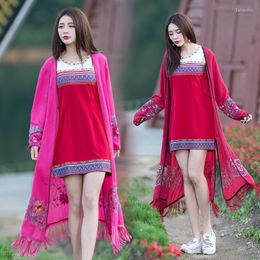 Women's Blouses 2023 Summer Vintage Long Sleeve Embroidery Linen Kimonos Women Tassels Split Maxi Beach Shirt Tops