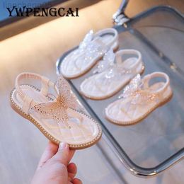 Sandals Size 26-37 Summer Children Beach Shoes Fashion Rhinestone Butterfly Girls Sandals Ankle Elastic Strap Flat Sandals For Girl W0327