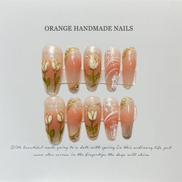 Ложные ногти ручной ногти Нажапите на гроб средней длины цветочный дизайн Manicuree.