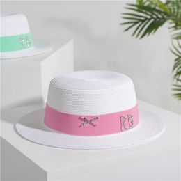 Wide Brim Hats QPALCR White Women Straw Hat Colour Ribbon Fedora Lady Boater Sun Summer Beach Cap Sailor Trilby