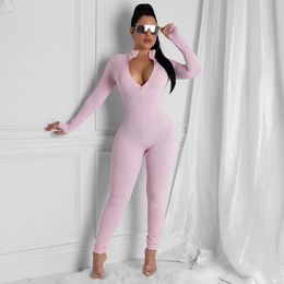 Women's Jumpsuits & Rompers Long Sleeve Jumpsuit Fashion Zipper V Neck Clubwear Elegant Pink Bodysuit 2023 Autumn Winter Bodycon JumpsuitWom