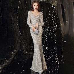 Party Dresses 2023 Evening Lace V-Neck Full Sleeves Sequins Elegant Mermaid Floor-length Simple Plus Size Women Formal Dress