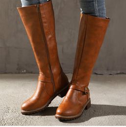 Boot Midcalf Boots Fashion Metal Buckle Boot's Leather Footwear Woman Zip Shoes Ladies Round Toe Wedges Big Size 230327