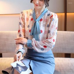 Women's Blouses Women's Elegant Polka Dot Bow Collar Long Sleeve Chiffon Shirt Summer Autumn Lady Office Wear Sweet Blouse Top