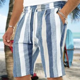 Men's Shorts Spring Summer Beach Mens Solid Color Drawstring Tie-up Cotton Linen Pant For Clothing Loose Vintage Stripe