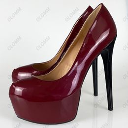 Olomm Handmade Women Platform Pumps Glossy Sexy Stiletto Heels Pumps Round Toe Gorgeous Dark Purple Club Wear Shoes US Size 5-20