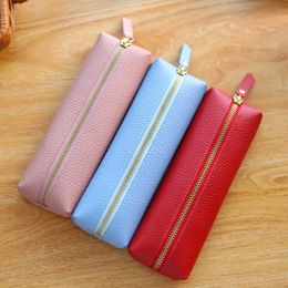 Pencil Bags Cowhide leather Pen Bag leather litchi grain Genuine leather Zipper pencil case Storage Bag Students Stationery Office Supplies 230327