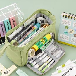 Pencil Bags Portable Large-capacity Double-layer Canvas Pencil Case Multi-function Portable Stationery Box Simple Student Pencil Case 230327