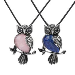 Natural Stone Water Drop Pendant Necklace for Women Amult Owl Animal Healing Pink Crystal Bead Jewelry Men Necklaces