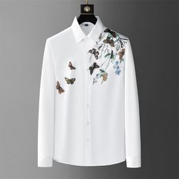 2022 Butterfly Rhinestones Shirts for Men Slim Long Sleeve Casual Shirt Black White Business Social Formal Dress Shirts