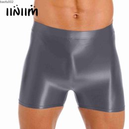 Men's Shorts Mens Glossy Mid Waist Running Shorts Elastic Waistband Short Leggings Gym Fitness Sportswear Swimwear W0327
