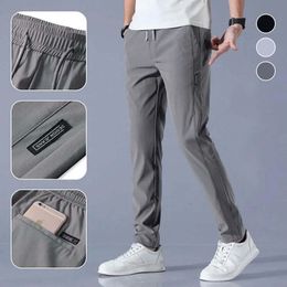 Men's Pants Mens Fast Dry Stretch Long Pants Elastic Waist Casual Drawstring Solid Color Ice Silk for Male Business Fashion Sports Trousers 230327